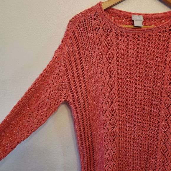 Chico’s Open Stitch Pullover Coral Pink Sweater Size SP Long Sleeve Lightweight - Picture 6 of 11